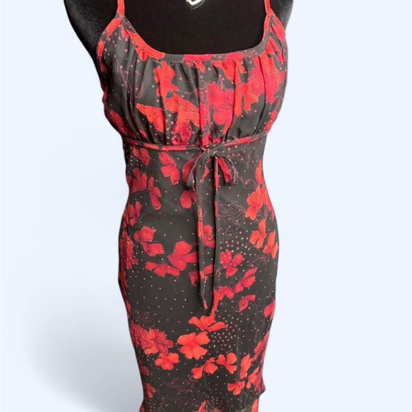 Younique floral mesh midi dress red black rhinestone tie front size S Y2K - Picture 2 of 7